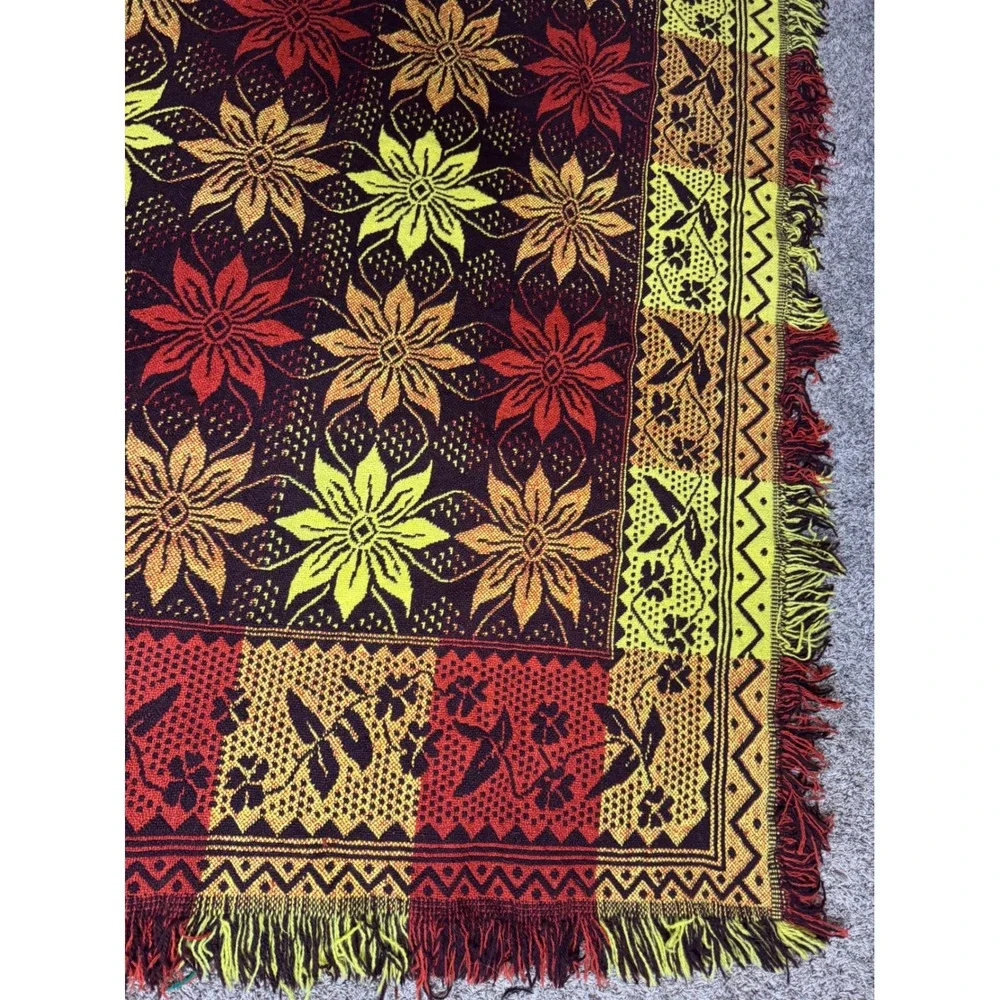 Vintage Polish Folk Wool Blanket Jacquard Floral Geometric Throw. Boho. Autumn.